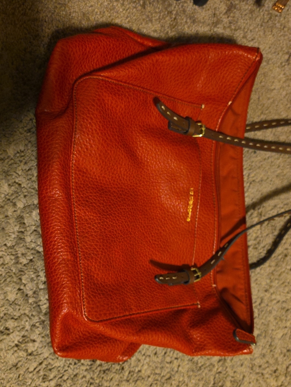 Liz Claiborne Orange Red Pebble Leather Tote with Brown Straps